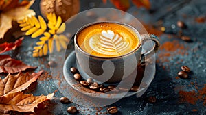 A cup of coffee with autumn leaves and coffee beans