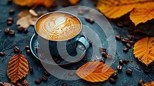A cup of coffee with autumn leaves on a table