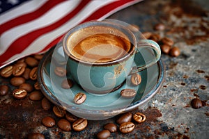 Cup of coffee on background of American flag. Generative AI