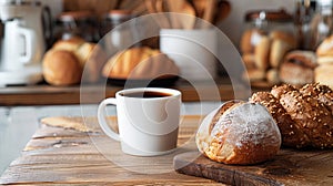 a cup of coffee and bakery bread on a table. generative ai