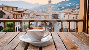 Cup of coffee on balcony in beautiful italian city