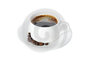 Cup of coffee with coffee beans isolated on white background