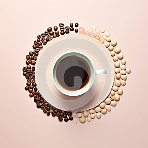Cup of coffee with coffee beans on pastel background. 3d rendering