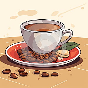 a cup of coffee and beans on a saucer