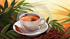 a cup of coffee and beans on a saucer in the jungle