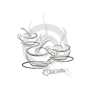 On a dark background a cup of coffee, coffee beans, steam over a cup