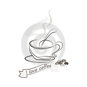 On a light On a light background a cup of coffee, coffee beans, steam over a cup cup