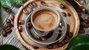 A cup of coffee with beans on a wooden table