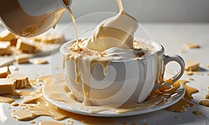 A cup of coffee is being poured with a creamy liquid being poured into it.