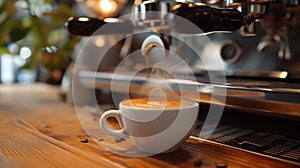 A cup of coffee being poured into a saucer on top of wood, AI