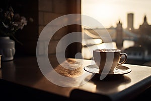 Cup of coffee with Big Ben London view on background with sunset, selective focus.