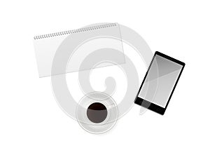 Cup of coffee with blank calendar and phone