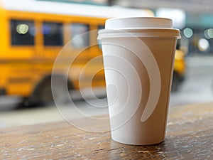 Cup of coffee blank yellow school bus usa