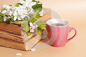 Cup of coffee and blossom apple twigs with vinage books. Springtime still life composition