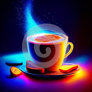 Cup of coffee on a blue background with a saucer and sliced orange generative AI