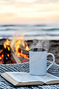 A cup of coffee and a book on a blanket next to a campfire