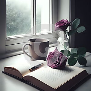 A cup of coffee, a book, and lilac roses in front of a window, ambient rainy day morning view, generative ai