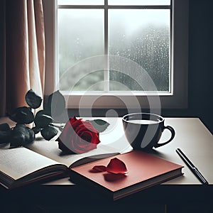 Cup of coffee, a book, and a red rose in front of a window, ambient rainy day nature background, generative ai