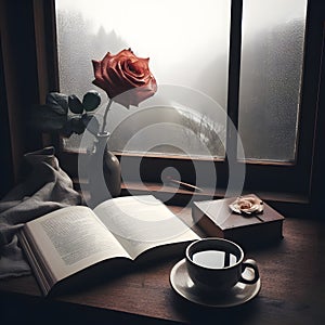 A cup of coffee, a book and a red rose in front of a window, rainy day morning view, ambient nature, generative ai