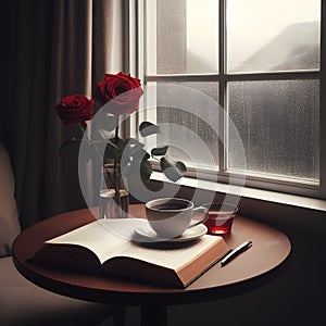 A cup of coffee, a book, and two red roses beside a window, ambient rainy day morning background, generative ai