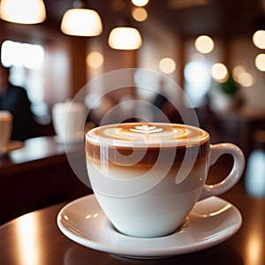 Cup of coffee in cafe. Anamorphic bokeh effect. Tilt-shift photo. Hot coffee in a white cup. The coffee is getting cold