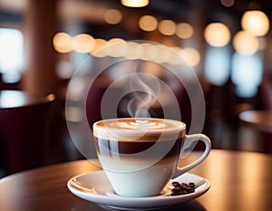 Cup of coffee in cafe. Anamorphic bokeh effect. Tilt-shift photo. Hot coffee in a white cup. The coffee is getting cold