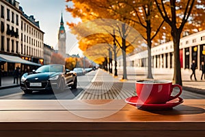 cup of coffee on cafe table street view with cars and fall autumn leaves.Ai generated