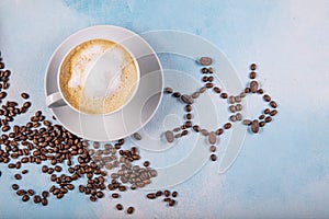 A cup of coffee with caffeine molecule created by coffee beans