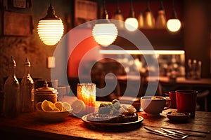 Cup of coffee and cake on wooden table in cafe interior. Generative AI