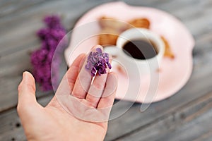 Cup of coffee, cakes and hand with a lilac branch