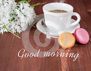 Cup of coffee, cakes on the table