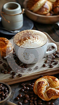 a cup of coffee (cappuccino) with foam and a pattern, sweets, fresh pastries and berries