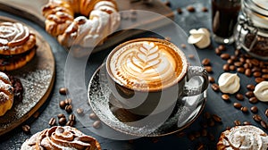 a cup of coffee (cappuccino) with foam and a pattern, sweets, fresh pastries and berries
