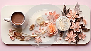 cup with coffee cappuccino on saucer and Quilling flowers on peach background, top view, Flat Lay