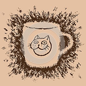 Cup of coffee with a cat sticker. Vector illustration.