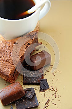 Cup of coffee and chocolate cake
