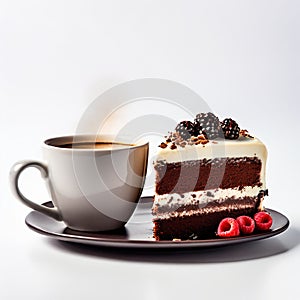 Cup of coffee and chocolate cake with raspberries on white background.