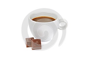 Cup of coffee and chocolate candies isolated on white