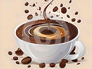 A cup of coffee with chocolate and coffee beans