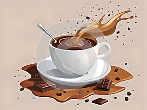 A cup of coffee with chocolate and coffee beans