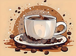 A cup of coffee with chocolate and coffee beans