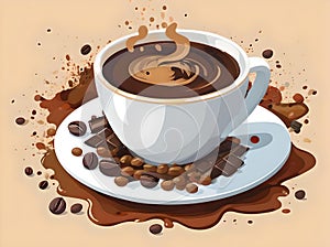 A cup of coffee with chocolate and coffee beans