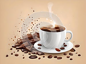 A cup of coffee with chocolate and coffee beans