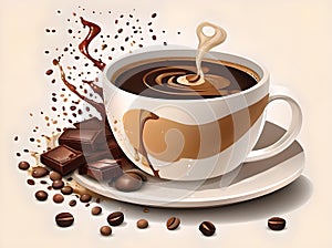 A cup of coffee with chocolate and coffee beans