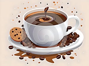 A cup of coffee with chocolate and coffee beans