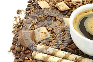 Cup of coffee with chocolates