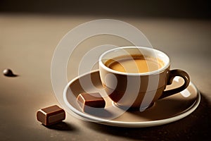 A cup of coffee and chocolates on a plate