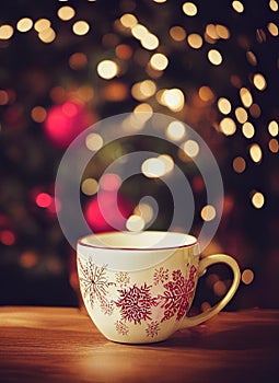 Cup of coffee with Christmas tree and bokeh background