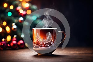 Cup of coffee with christmas tree and bokeh background