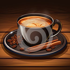 a cup of coffee with cinnamon and star anise on a wooden background